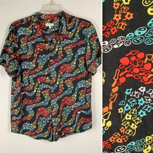 EARTHBOUND Tops - EARTHBOUND Hippie Print Camp Shirt Button Up Colorful Mushrooms Butterflies M